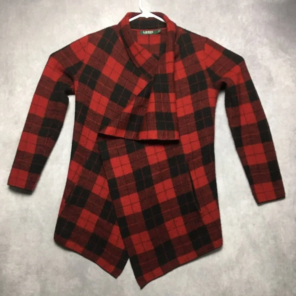 Lauren Ralph Lauren RL Womens Wool Wrap Coat Red Black‎ Plaid - size Small